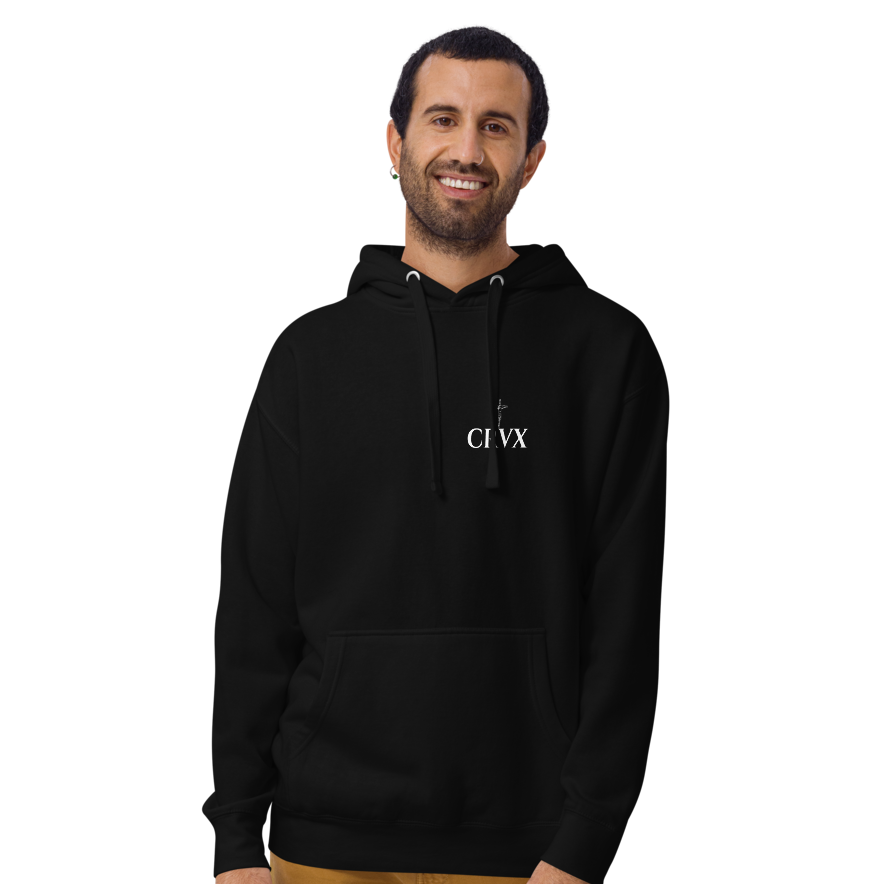 Man wearing a black hoodie with 'CRVX' logo on a white background